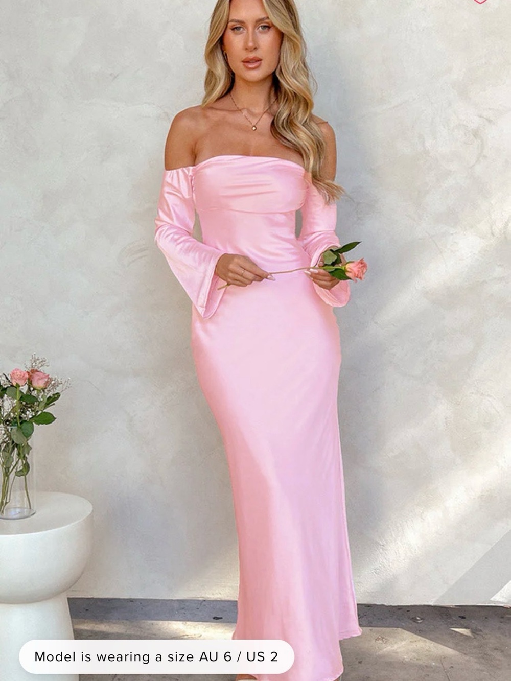 Beginning Boutique Off-Shoulder Satin Maxi Dress in Light Pink
